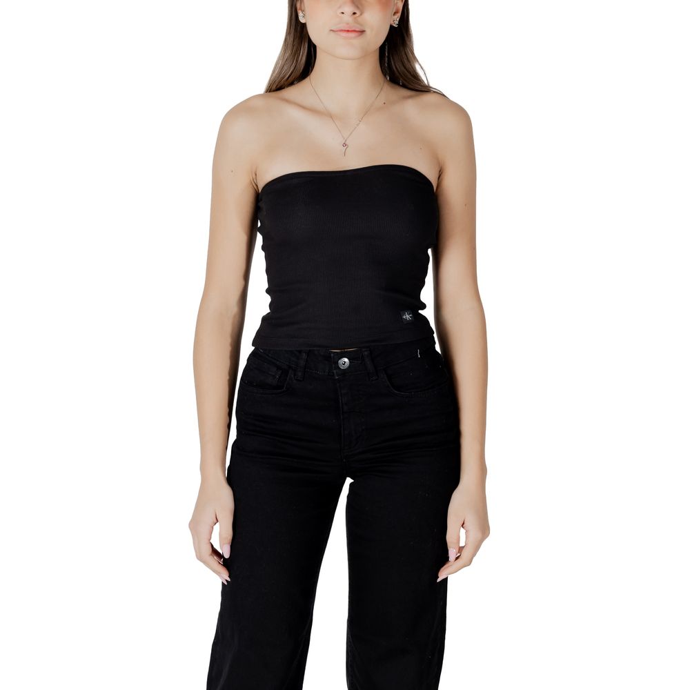 Model wearing Calvin Klein Jeans Black Recycled Cotton Top with ribbed design, made of 94% recycled cotton, for a stylish and eco-friendly look.