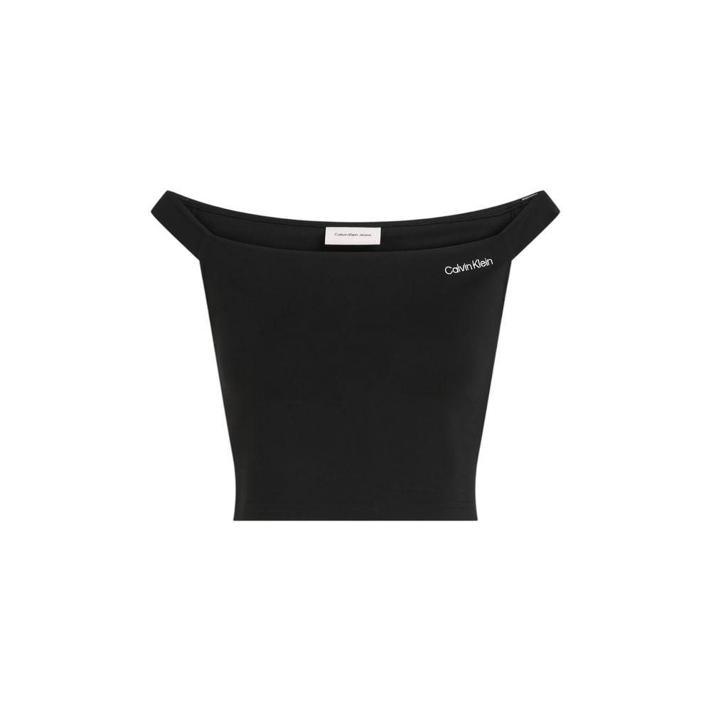 Calvin Klein Jeans Black Viscose Top with bardot neckline, featuring a fitted silhouette and soft feel for stylish casual wear.