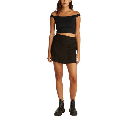 Calvin Klein Jeans Black Viscose Top, off-the-shoulder style, paired with black skirt, ideal for casual occasions and summer evenings.
