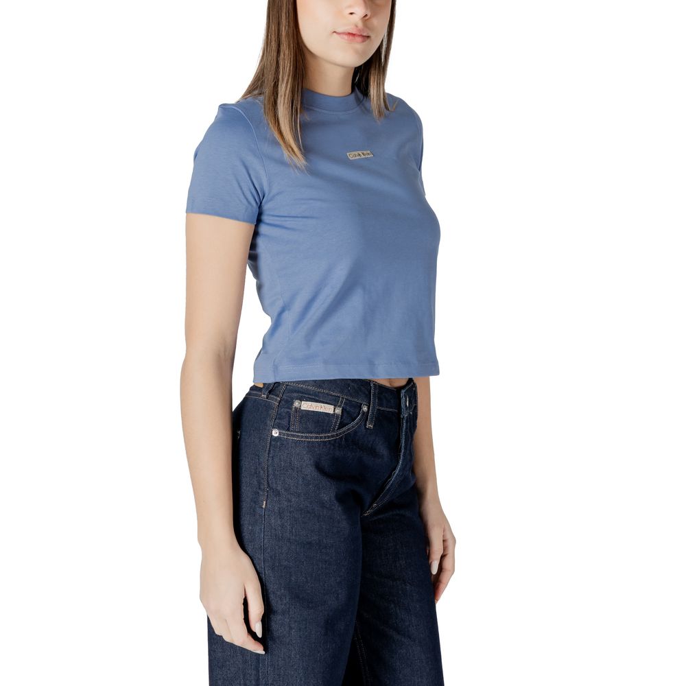 Calvin Klein Jeans Light Blue Recycled Cotton Sportswear short sleeve t-shirt for women with logo, minimalist and stylish design.
