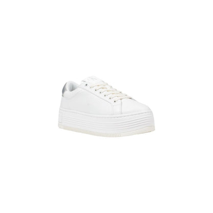 Calvin Klein Jeans Silver Leather Platform Sneakers with metallic heel detail and clean silhouette.