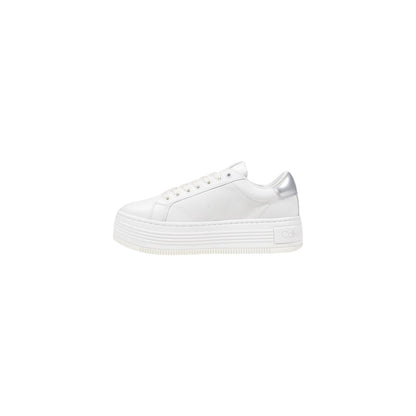Calvin Klein Jeans Silver Leather Platform Sneakers with metallic heel detail on white background