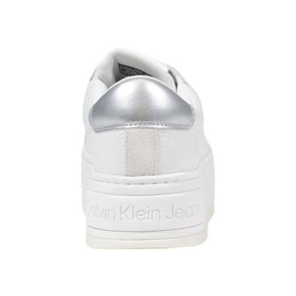 Calvin Klein Jeans Silver Leather Platform Sneakers with metallic heel detail and embossed logo, rear view for contemporary style.