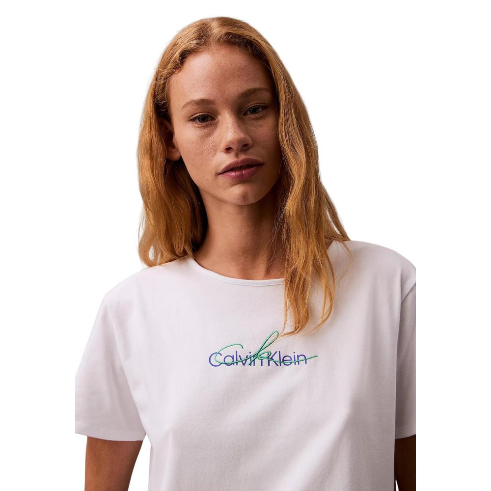 Woman wearing Calvin Klein Jeans White Recycled Cotton T-Shirt with logo design
