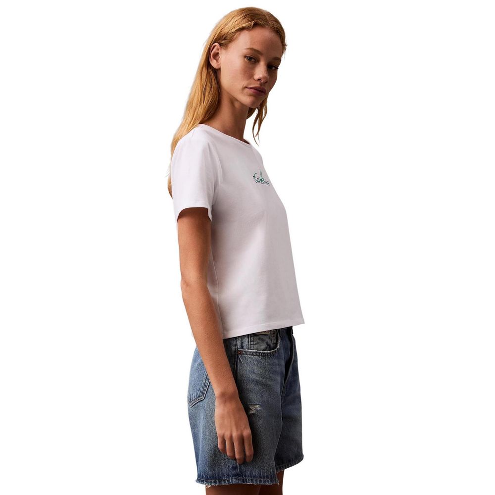 Woman wearing Calvin Klein Jeans White Recycled Cotton T-Shirt and denim shorts