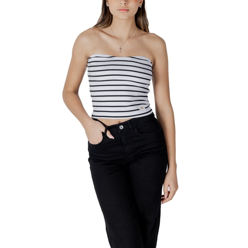 Model wearing Calvin Klein Jeans White Recycled Cotton Top, striped design, showcasing fitted silhouette and ribbed elegance.