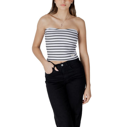 Model wearing Calvin Klein Jeans White Recycled Cotton Top, striped design, showcasing fitted silhouette and ribbed elegance.