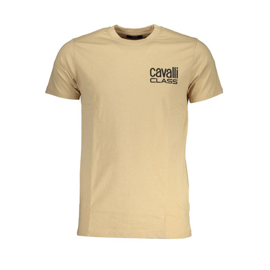 Cavalli Class Beige Cotton T-Shirt with crew neck and logo print, perfect short sleeved casual wear.