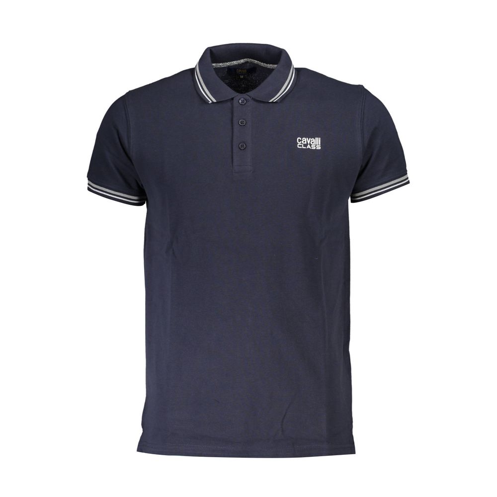 Cavalli Class Blue Cotton Men Polo Shirt with logo and contrast details, luxurious Italian design for modern comfort and style.