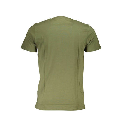 Cavalli Class Green Cotton T-Shirt with short sleeves, round neck, and logo print, shown from the back.