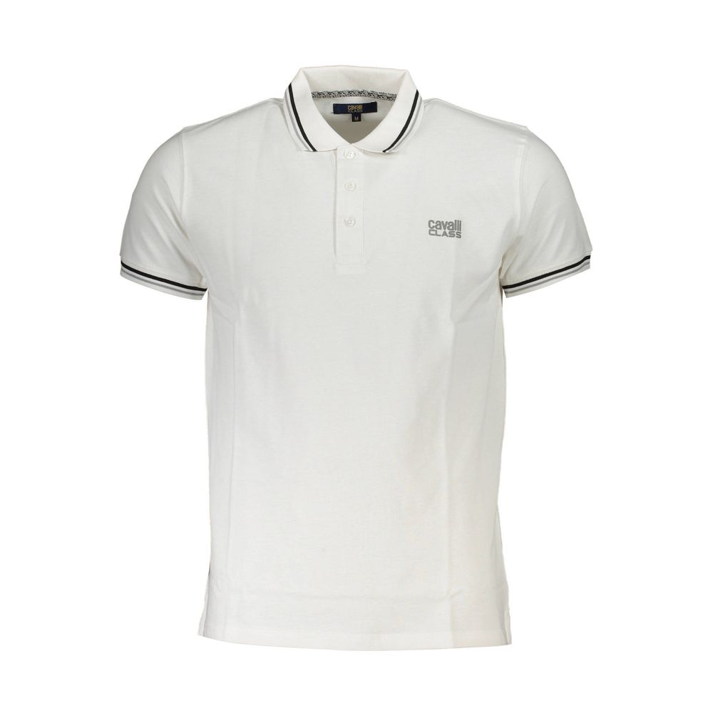 Cavalli Class White Cotton Men Polo Shirt with short sleeves, elegant design, and iconic logo, crafted from premium cotton for comfort.