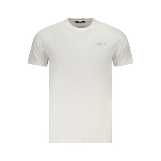 Cavalli Class White Cotton Men's T-Shirt featuring bold logo print, a high-fashion statement piece with distinctive style.