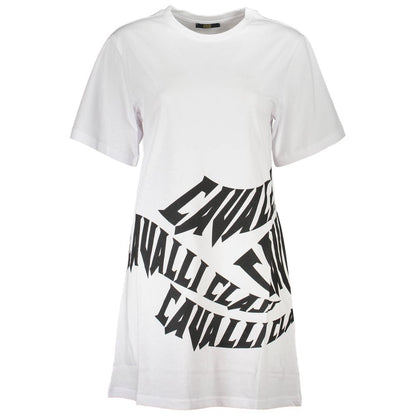 Cavalli Class White Cotton Women Dress with bold logo print, featuring a round neck and short sleeves for a chic fashion statement.