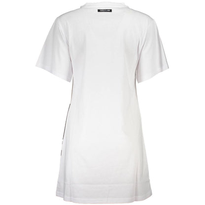 Back view of Cavalli Class White Cotton Women Dress with bold logo print and short sleeves, showcasing modern casual elegance.
