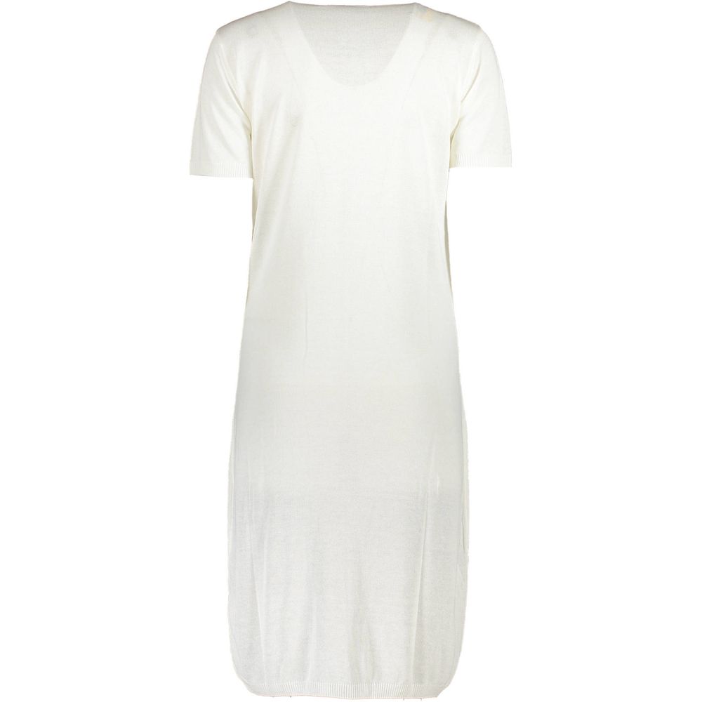 Cavalli Class White Viscose Women Dress with short sleeves and round neck, showcasing intricate embroidery and luxury brand logo.