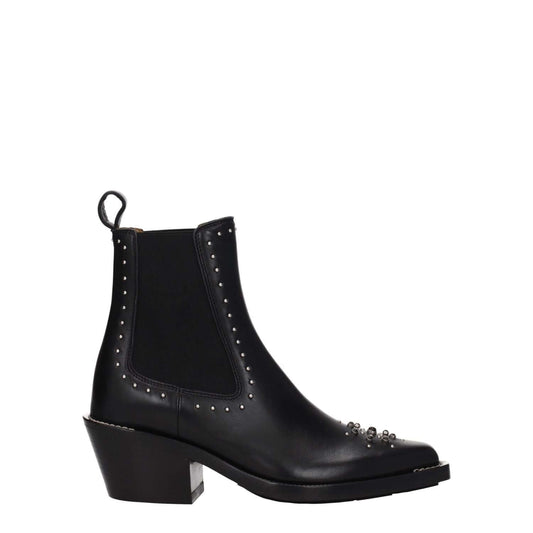Chloé Black Leather Ankle Boots with studs and stones, square toe, mid heel, silver accents, and rubber sole. Casual style, MPN CHC22W705AV001.