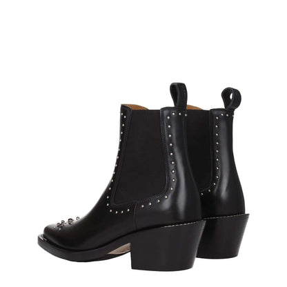 Chloé Black Leather Ankle Boots with studs, silver stones, mid heels, and rubber sole, featuring square toe design.