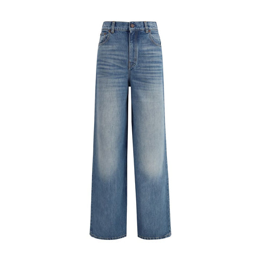 Chloé Blue Cotton Jeans Denim with high-rise wide-leg silhouette and classic five-pocket design.