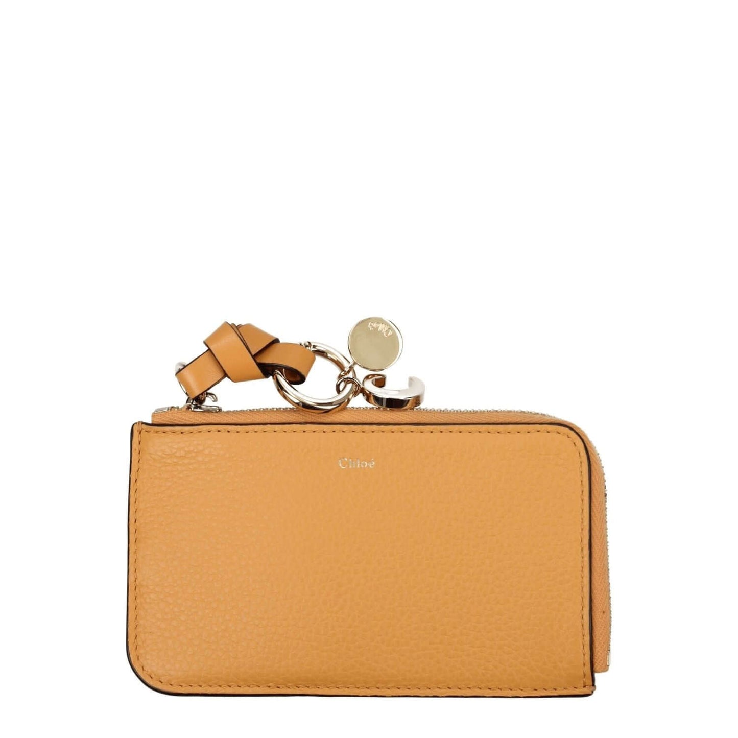 Chloé Orange Leather Wallet with gold accents and zip closure, featuring a front logo and casual style, size 7.5x13 cm.