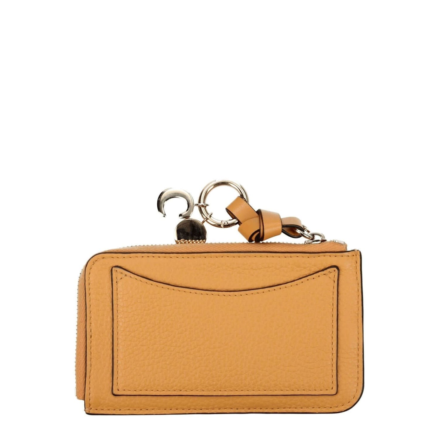 Chloé Orange Leather Wallet with front logo, zip closure, gold accents, and card holder; casual style coin purse measuring 7.5×13 cm.