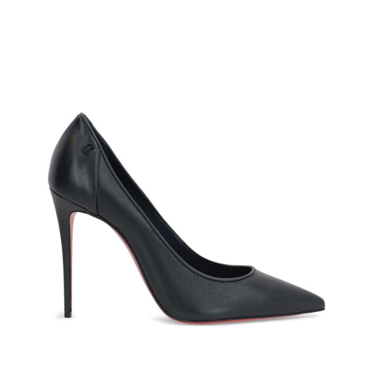 Christian Louboutin Kate 100 mm Pumps - Nappa leather in blue lambskin with signature red sole and pointed toe, side view.