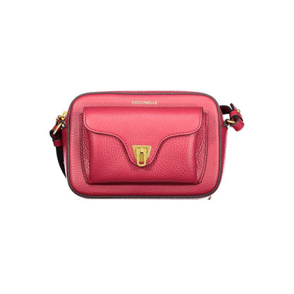 Coccinelle Red Leather Women Handbag with adjustable strap and gold accents, front view displaying sleek design and rotary closure.