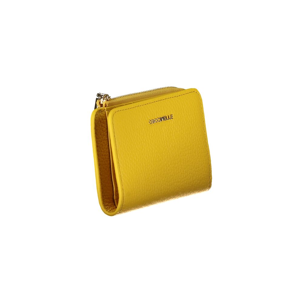 Coccinelle Yellow Leather Women Wallet with sleek design, double card spaces, and zip closure for stylish organization.