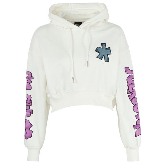 Comme Des Fuckdown White Cotton Sweater with hoodie, chest, sleeve, and back embroidery, featuring drawstring and logo design.