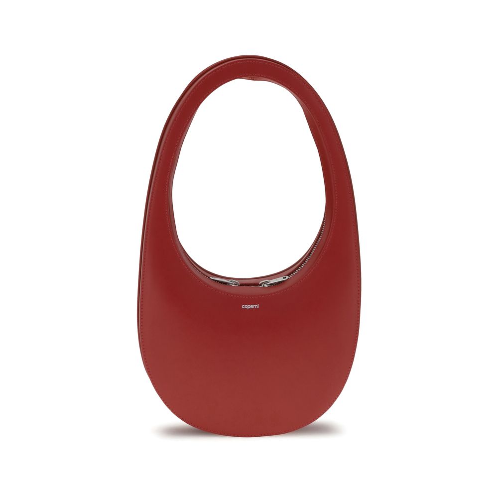 Coperni Red Calf Leather Bos Taurus Shoulder Bag with unique hobo silhouette and contrasting monogram, front view.