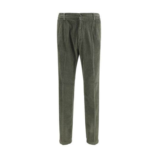 Cruna Green Cotton Casual Pants with a zip-and-button closure, perfect for autumn and winter seasons. Slim fit, 100% corduroy cotton.
