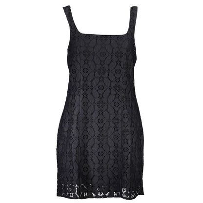 Desigual Black Polyester Women Dress with square neckline and sleeveless design, featuring intricate lace pattern and back zipper.