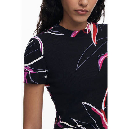Desigual Black Viscose Women Top with bold print and crew neck, featuring short sleeves and soft fabric for stylish comfort.
