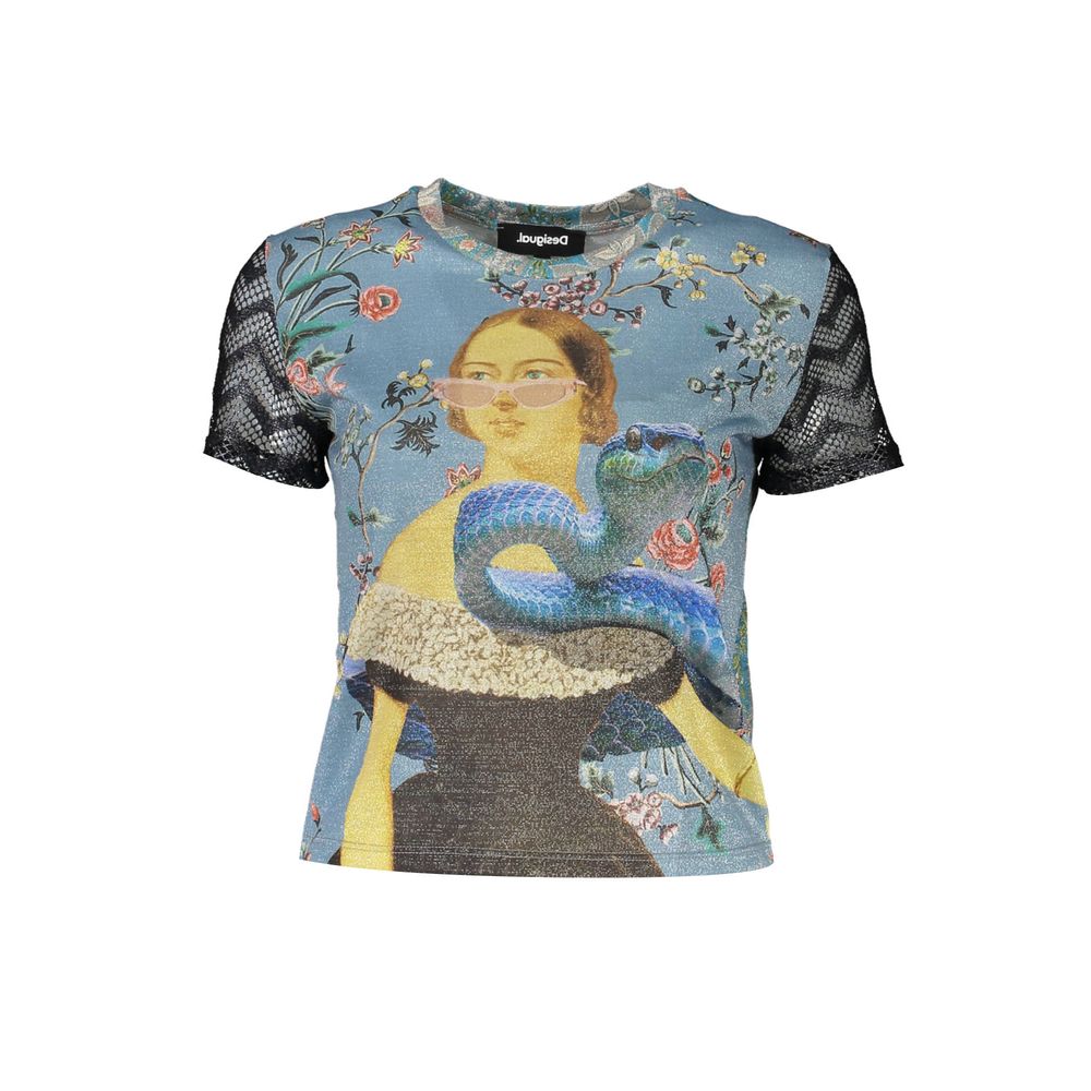 Desigual Blue Polyester Women T-Shirt with dynamic print and contrasting details