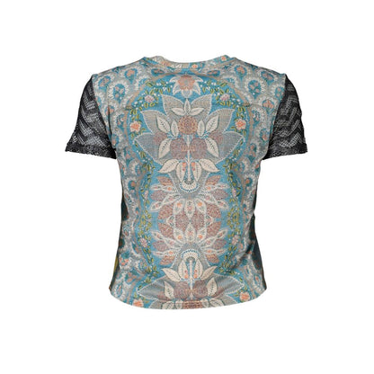 Desigual Blue Polyester Women T-Shirt with floral print and contrasting black sleeves, short-sleeved vibrant design showcasing the Desigual logo.