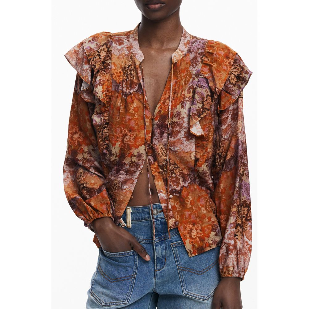 Desigual Orange Viscose Women Shirt with elegant V-neck and contrasting details, perfect for a fashionable and chic statement.