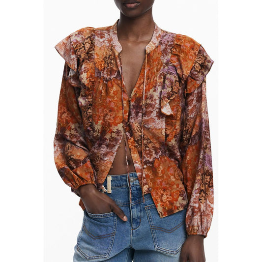 Desigual Orange Viscose Women Shirt with elegant V-neck and contrasting details, perfect for a fashionable and chic statement.