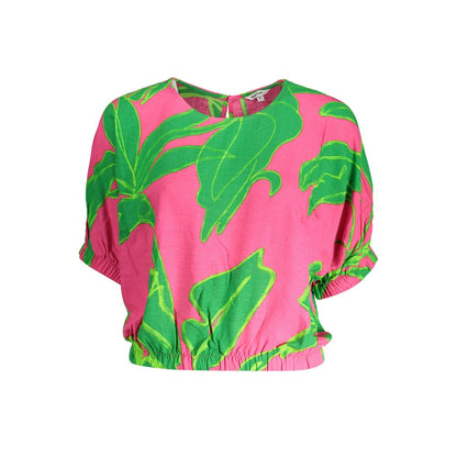 Desigual Pink Viscose Women Top with elastic waist and green leaf print, showcasing a wide neckline and chic back button detail.
