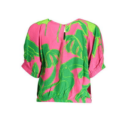 Desigual Pink Viscose Women Top with green abstract print, short sleeves, button detail, and elastic waist, showcasing unique style.