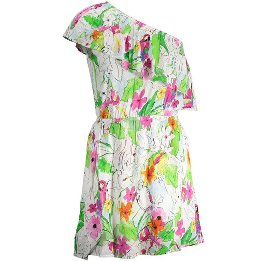 Desigual White Viscose Women Dress with floral print, one-shoulder design, and elastic waist highlighting a stylish and modern look.