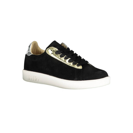 Diadora Black Leather Women Sneaker with gold accents on white sole, sporty design, brand logo visible on side.