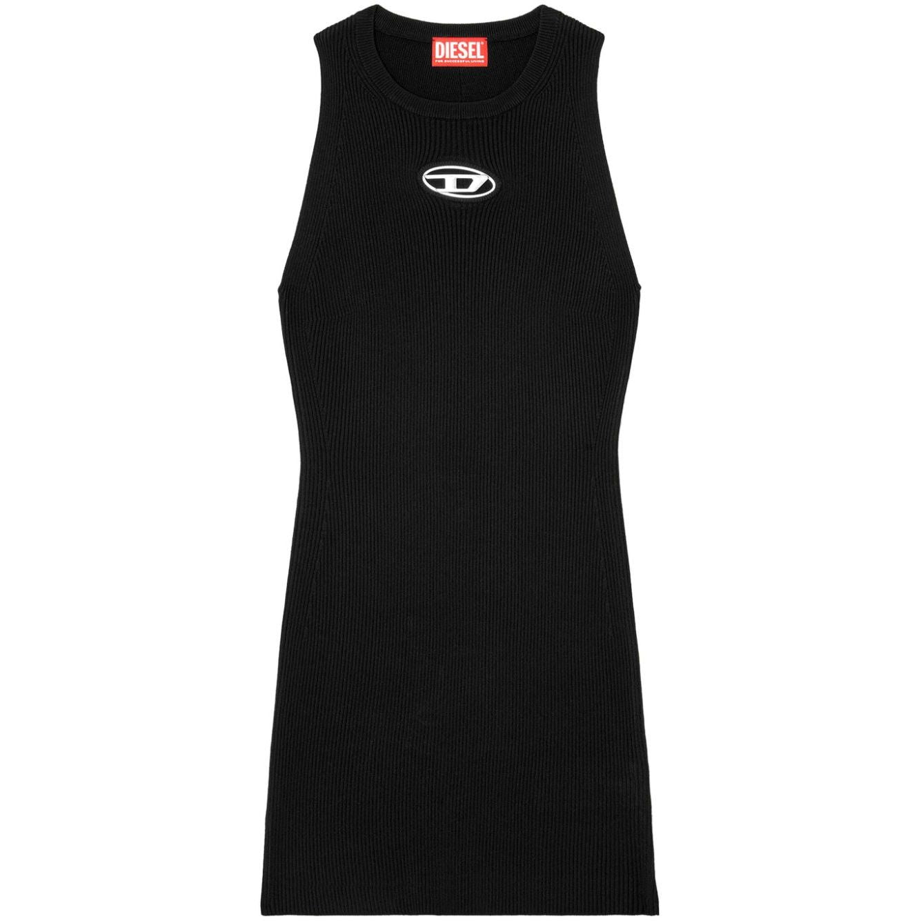 Diesel Dresses Black fine ribbed crew neck sleeveless mini dress with oval D logo plaque, straight hem, and thigh-length fit.