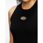 Diesel Dresses Black - close-up of black fine ribbed crew neck mini dress with Oval D logo plaque, sleeveless and slim cut.