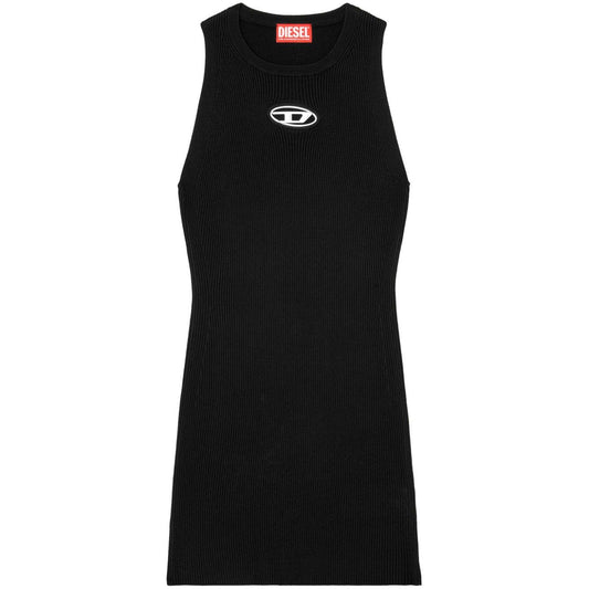 Diesel Dresses Black, black ribbed crew neck mini dress with D logo and a sleek, sleeveless design.