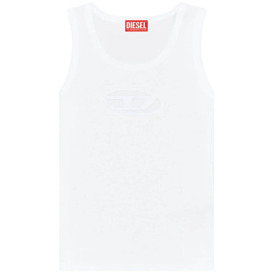 Diesel Top White organic cotton sleeveless crew neck with D logo plaque, straight hem, jersey texture, T-Lynys style.