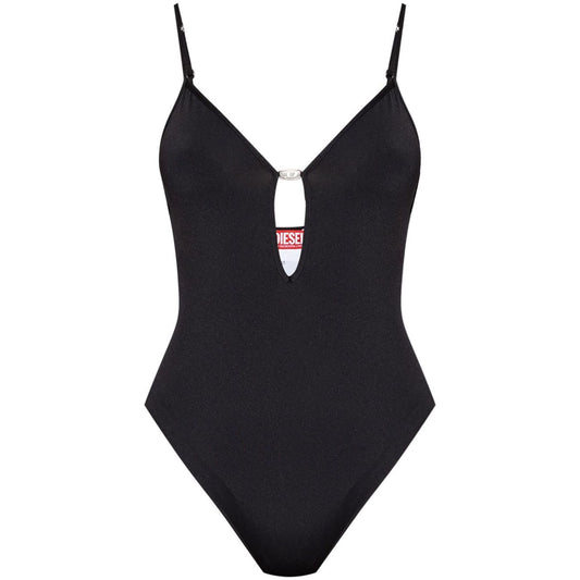 Diesel Underwear Black bodysuit with adjustable spaghetti straps and low back design, featuring an Oval-D cutout.