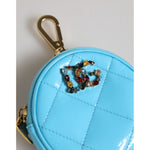 Dolce & Gabbana Azure Blue Leather Round Coin Purse Keychain Crystal Logo Wallet with DG logo and gold hardware clasp