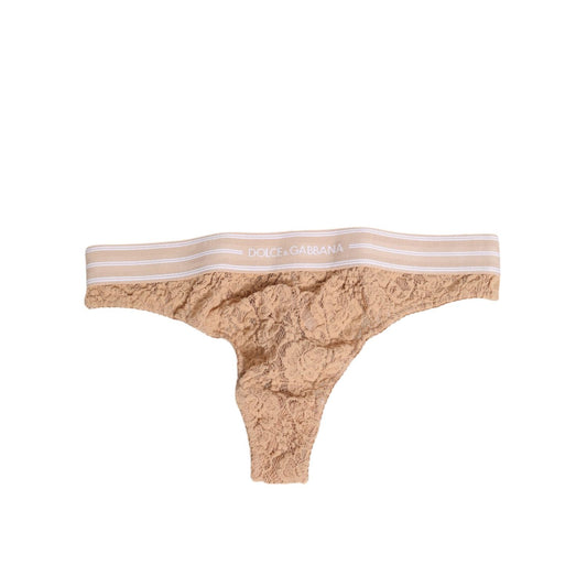 Dolce & Gabbana Beige Lace Logo Elastic Waist Thong Tanga Underwear with floral design and branded waistband, luxury Italian lingerie.