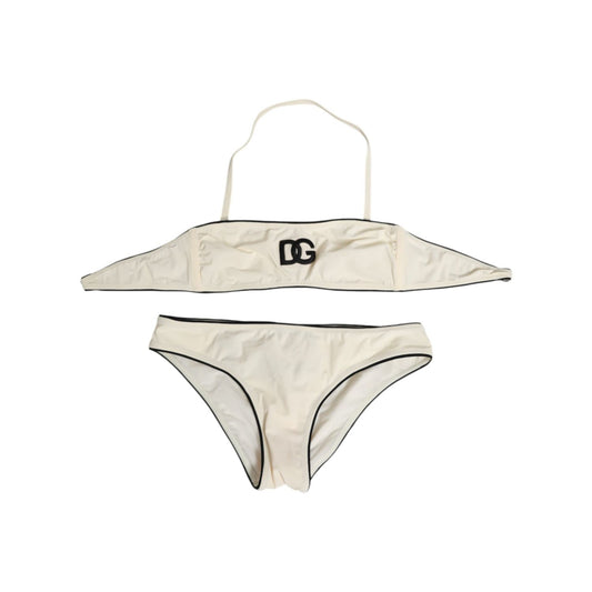 Dolce & Gabbana Beige Logo Swimsuit 2 Piece Top Bottom Swimwear white design with logo detail.