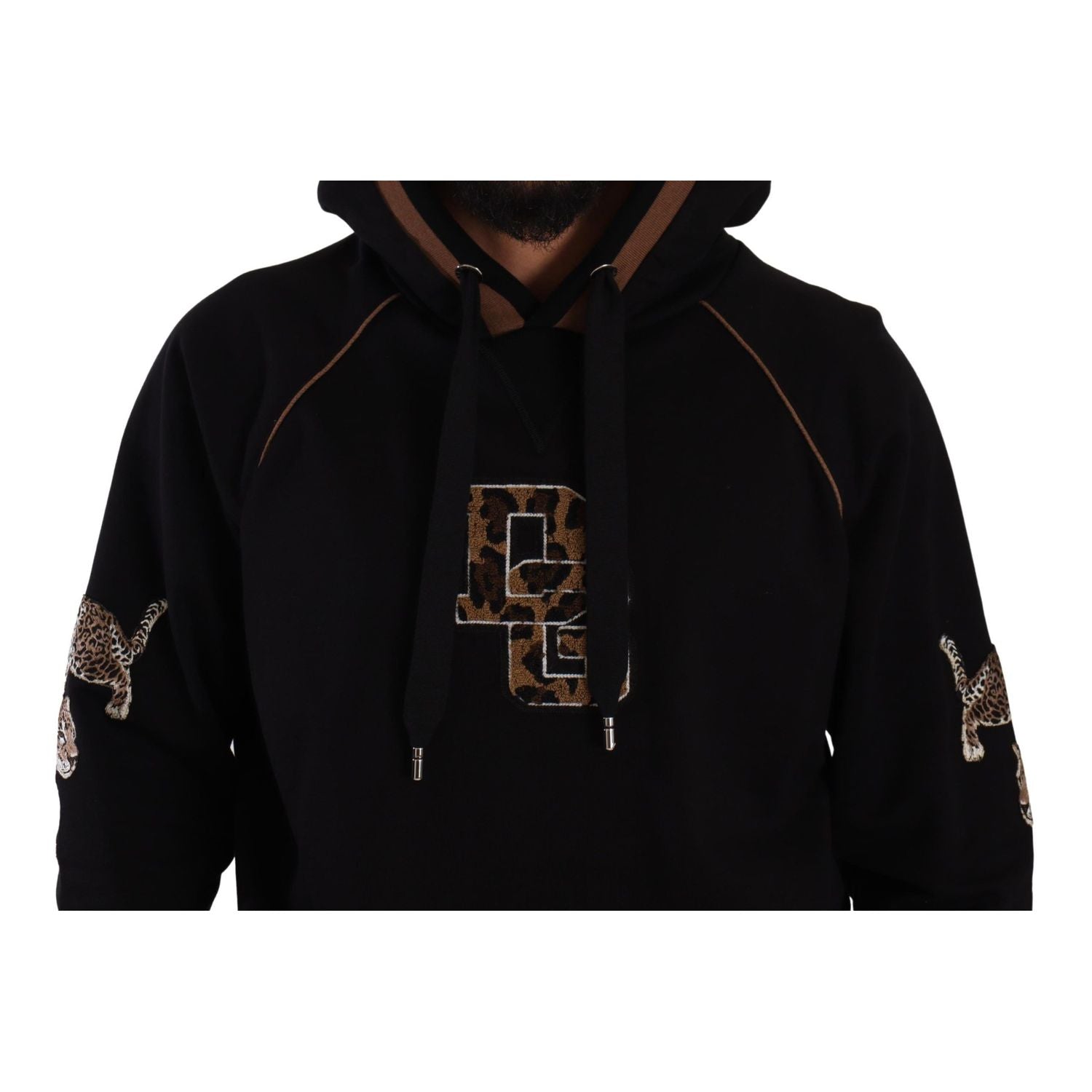 Dolce & Gabbana Black Brown Leopard Cotton Hooded Pullover Sweater
