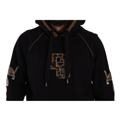 Dolce & Gabbana Black Brown Leopard Cotton Hooded Pullover Sweater